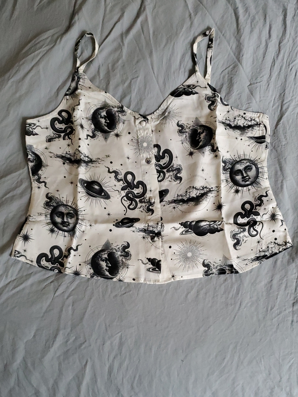 Killstar White Celestial Night Print Button Up Cami Spaghetti Strap Top